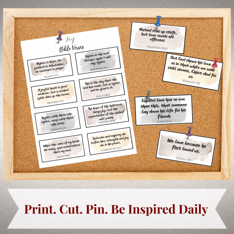 Printable Bible verse cards pinned to a bulletin board for daily inspiration