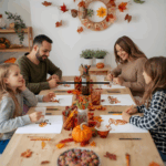 A Christian family sits around a wooden table working on fall activity printables together. The kids are coloring Bible verse pages while parents help with word searches and mazes. The table is decorated with pumpkins, autumn leaves, and jars of crayons, creating a cozy seasonal setting. This lifestyle image represents the Christian Fall Activity Pack—10 faith-based printables for kids, perfect for homeschool, Sunday school, or family fun.