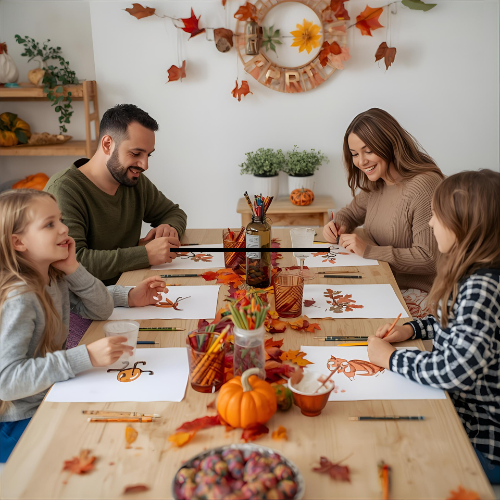 A Christian family sits around a wooden table working on fall activity printables together. The kids are coloring Bible verse pages while parents help with word searches and mazes. The table is decorated with pumpkins, autumn leaves, and jars of crayons, creating a cozy seasonal setting. This lifestyle image represents the Christian Fall Activity Pack—10 faith-based printables for kids, perfect for homeschool, Sunday school, or family fun.