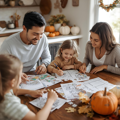 A family sits together at a wooden table decorated with pumpkins and fall leaves, happily working on printable Bible games and coloring pages. The parents guide their children through fun faith-based activities, showing how printable games can combine learning and Christian values during the fall season.