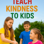 Three smiling children outdoors, with two girls shaking hands and a boy watching, wearing bright colorful shirts under a blue sky, with text overlay reading “10 Ways to Teach Kindness to Kids.”