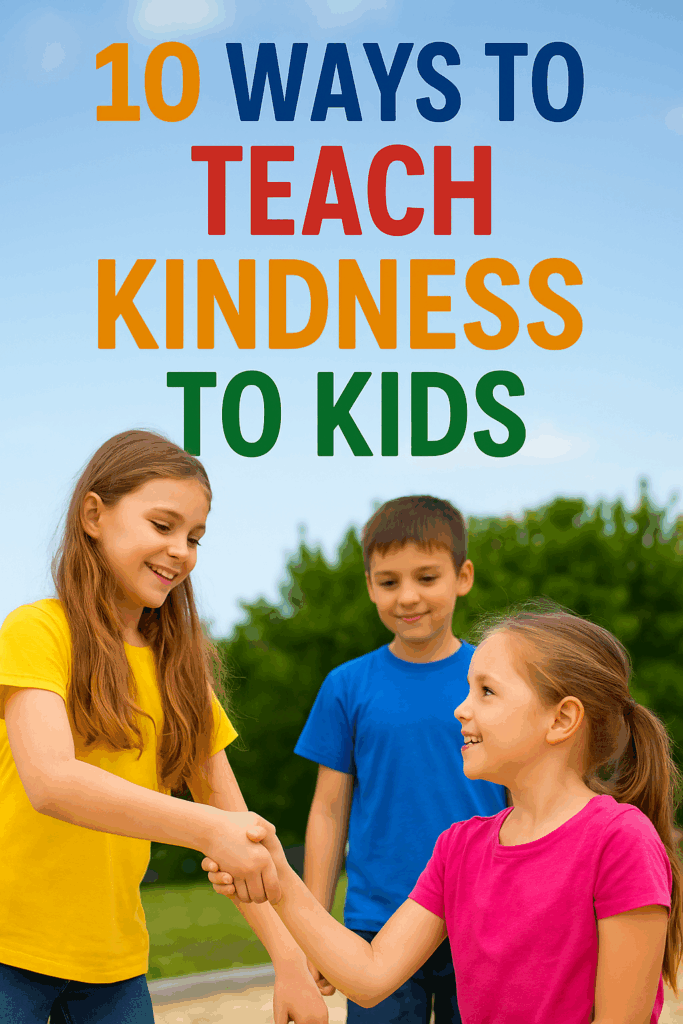 Three smiling children outdoors, with two girls shaking hands and a boy watching, wearing bright colorful shirts under a blue sky, with text overlay reading “10 Ways to Teach Kindness to Kids.”