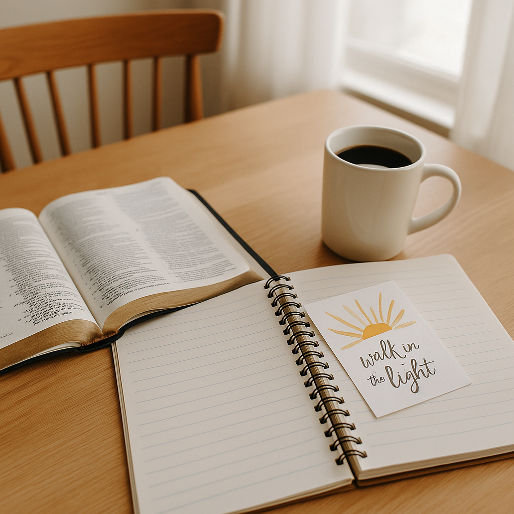 Open Bible with a journal and coffee cup on a wooden table in warm morning light, symbolizing faith and reflection.