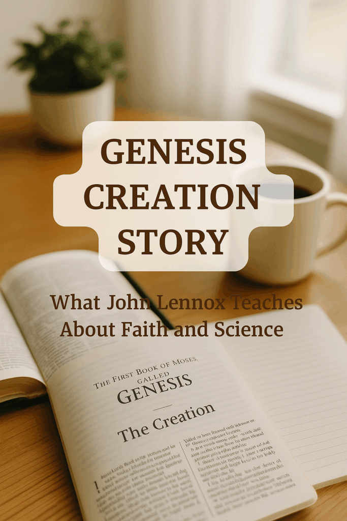 An open Bible on a wooden table with soft sunlight, symbolizing the Genesis creation story and faith.